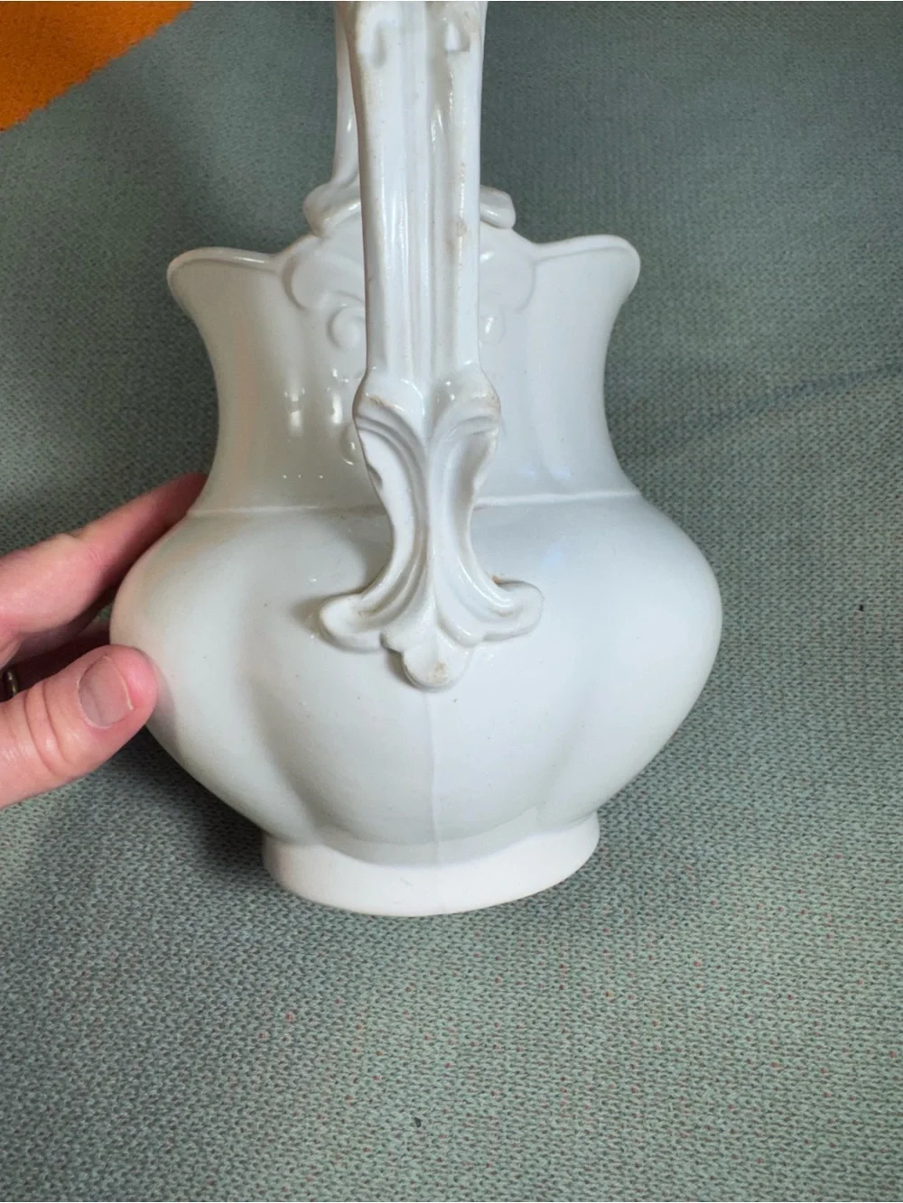 Antique White Ironstone Ice Lip Pitcher Scalloped Ceramic Jug Built-in strainer